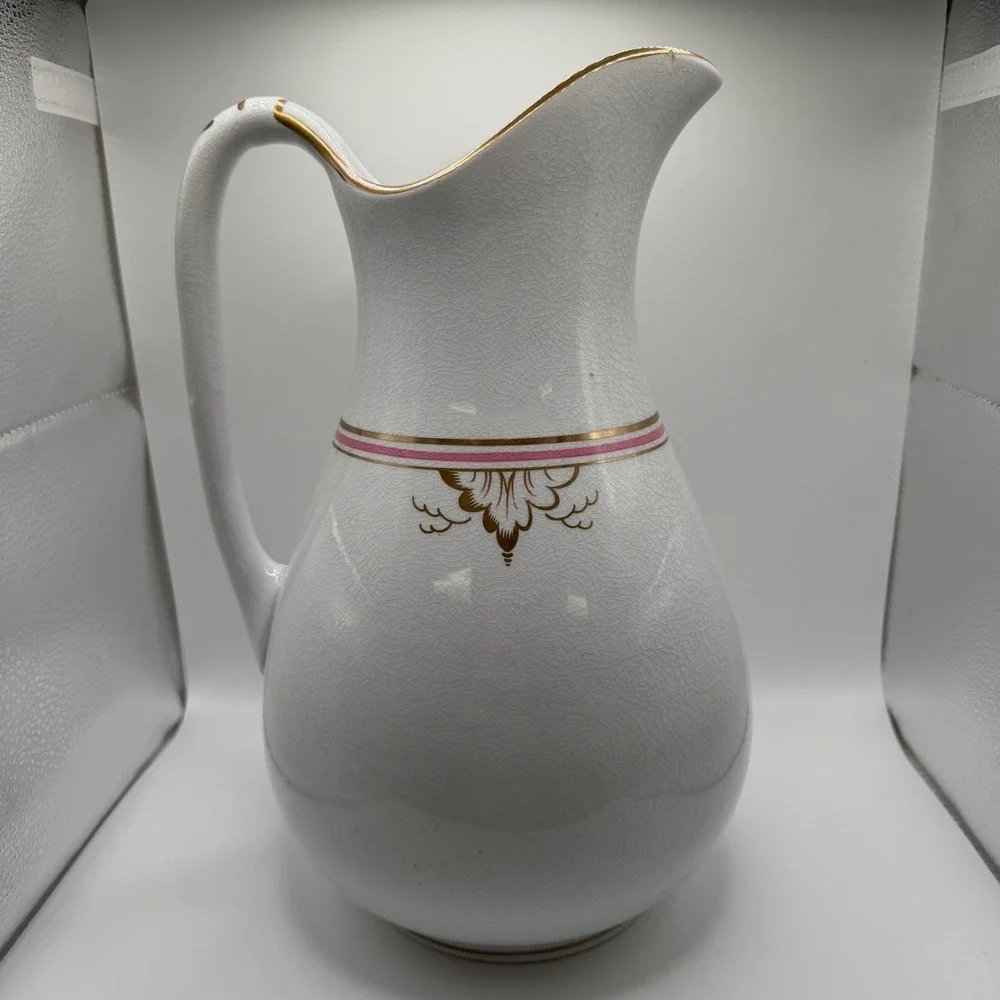 Antique G.P. Co. Ironstone‎ Pitcher White Gold Pink Gilt Crazed Victorian Ewer